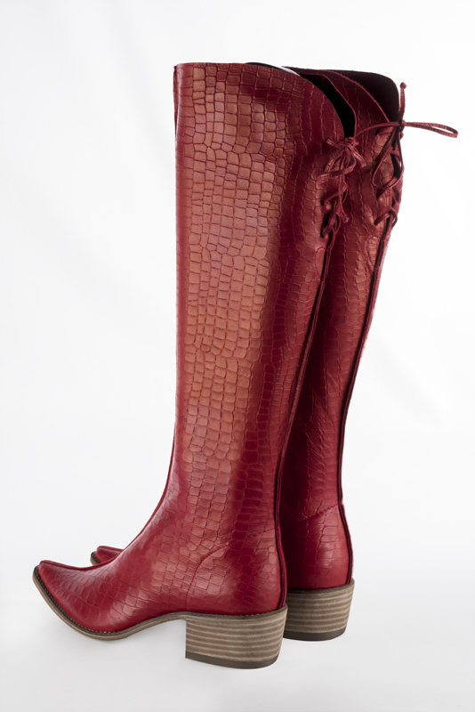 Scarlet red women's knee-high boots, with laces at the back. Tapered toe. Low leather soles. Made to measure. Rear view - Florence KOOIJMAN